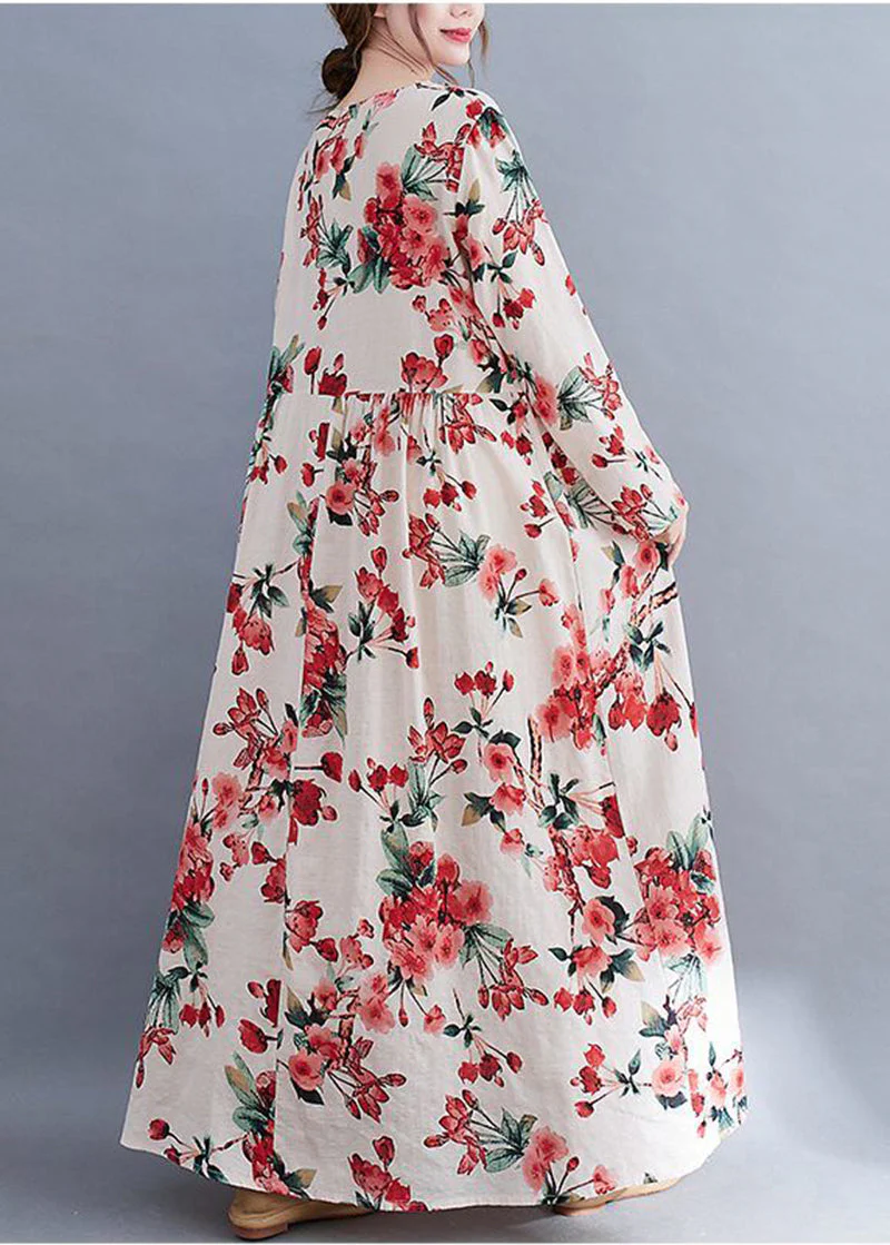 Bohemian White Oversized Floral Print Cotton Holiday Dress Spring - Image 5