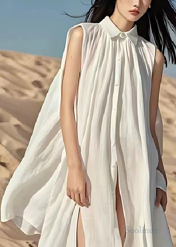 Bohemian White Oversized Linen Beach Dress Sleeveless - Image 2