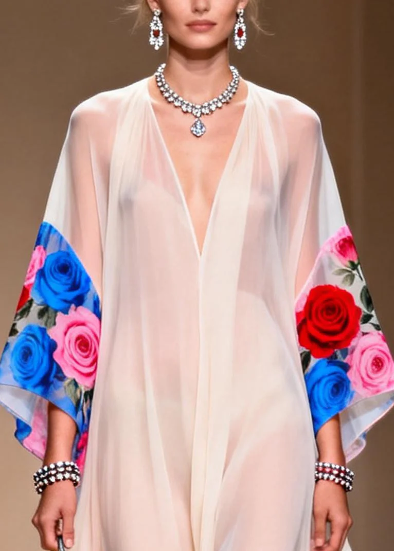 Bohemian White Oversized Print Chiffon Vacation Dresses Summer - Image 2