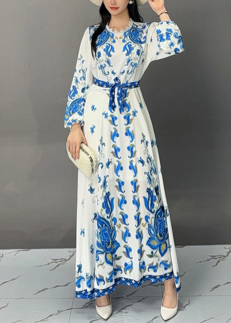 Bohemian White Print Lace Up Cotton Long Dress Fall - Image 2