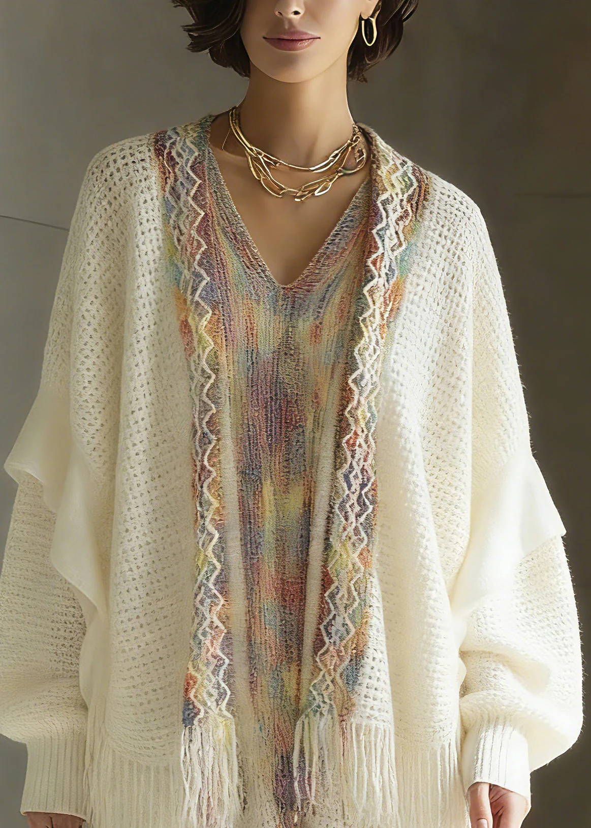 Bohemian White Print Patchwork Tassel Knit Cardigan Spring - Image 2