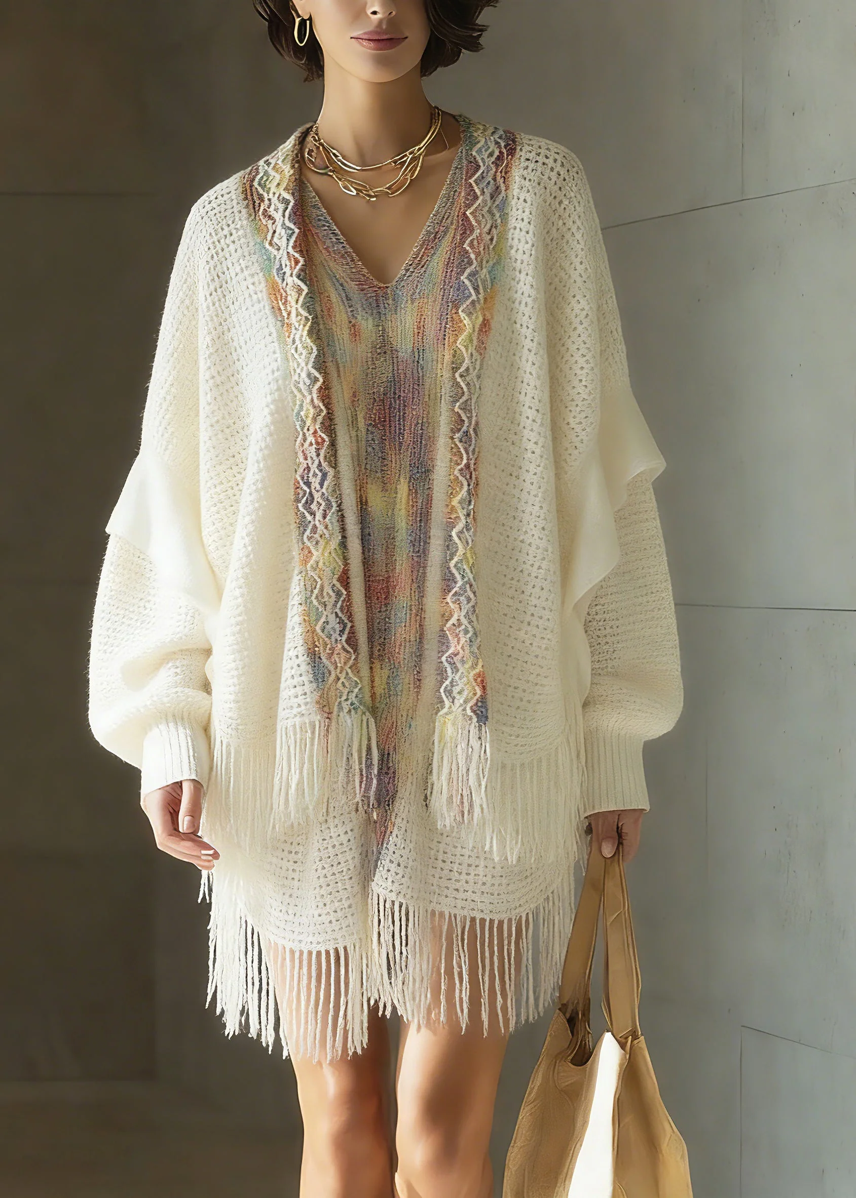 Bohemian White Print Patchwork Tassel Knit Cardigan Spring - Image 3