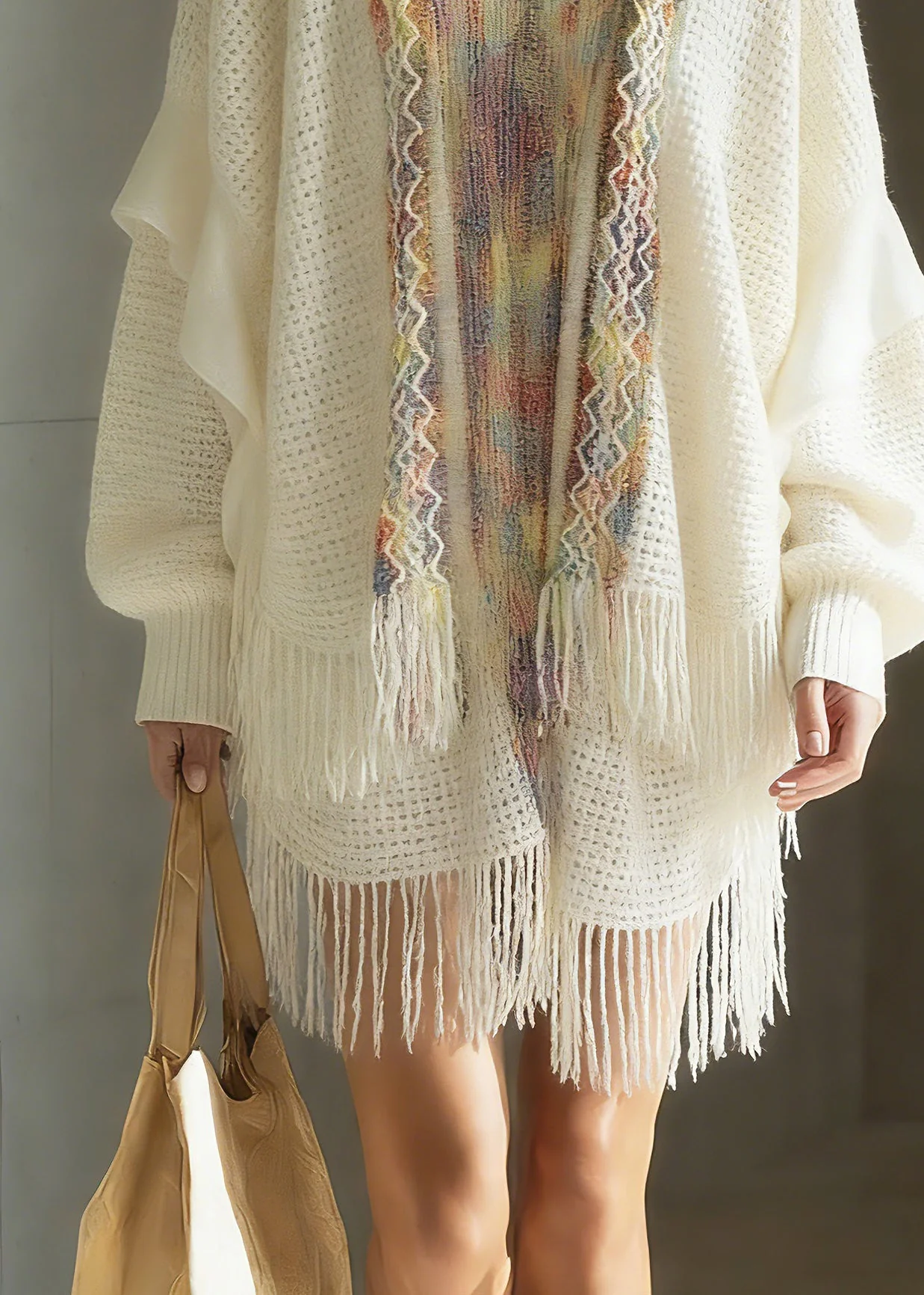 Bohemian White Print Patchwork Tassel Knit Cardigan Spring - Image 4