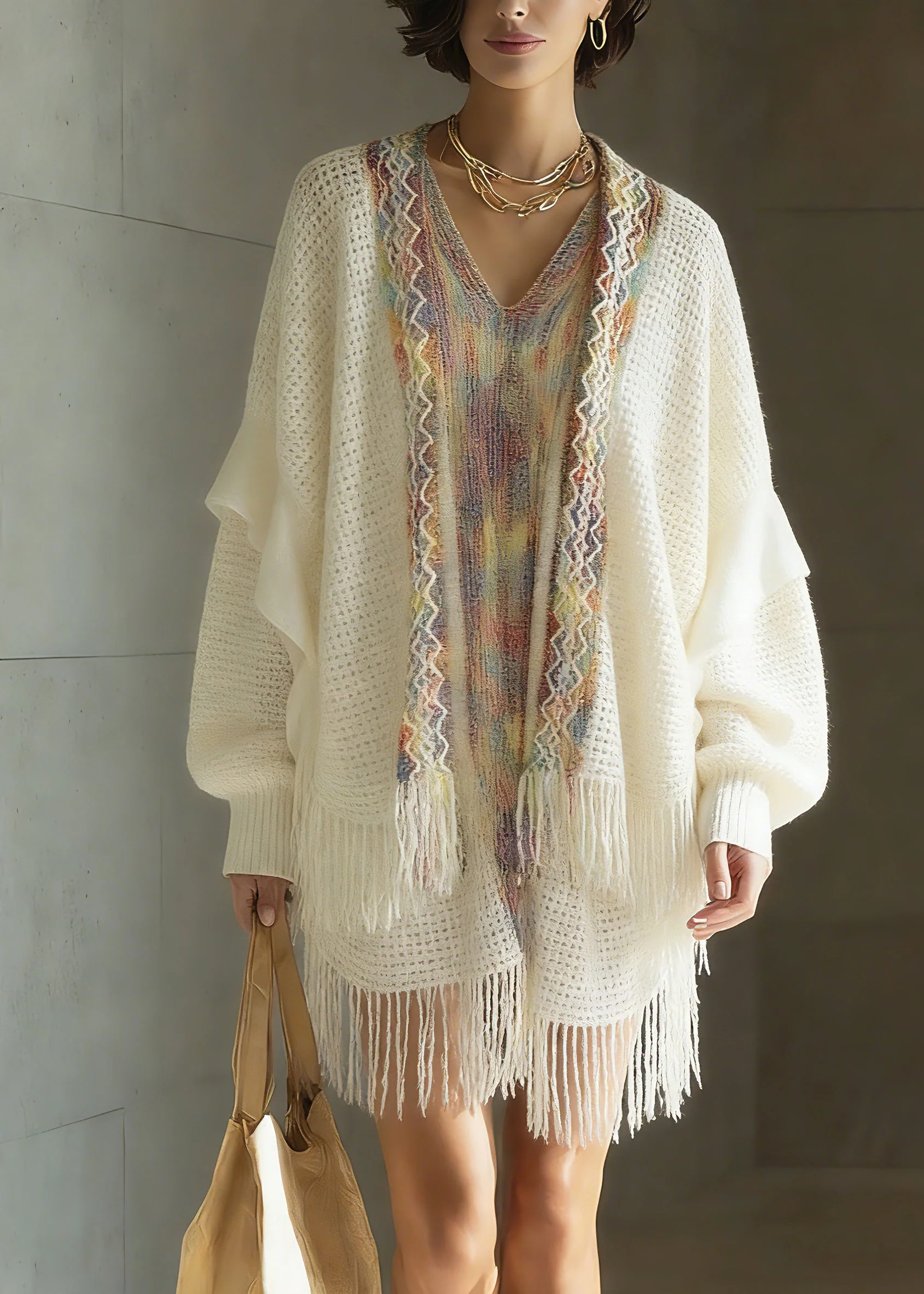 Bohemian White Print Patchwork Tassel Knit Cardigan Spring - Image 5