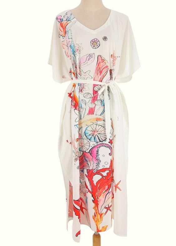 Bohemian White Print V Neck Beach long smock Vacation Summer Chiffon Dress - Image 5