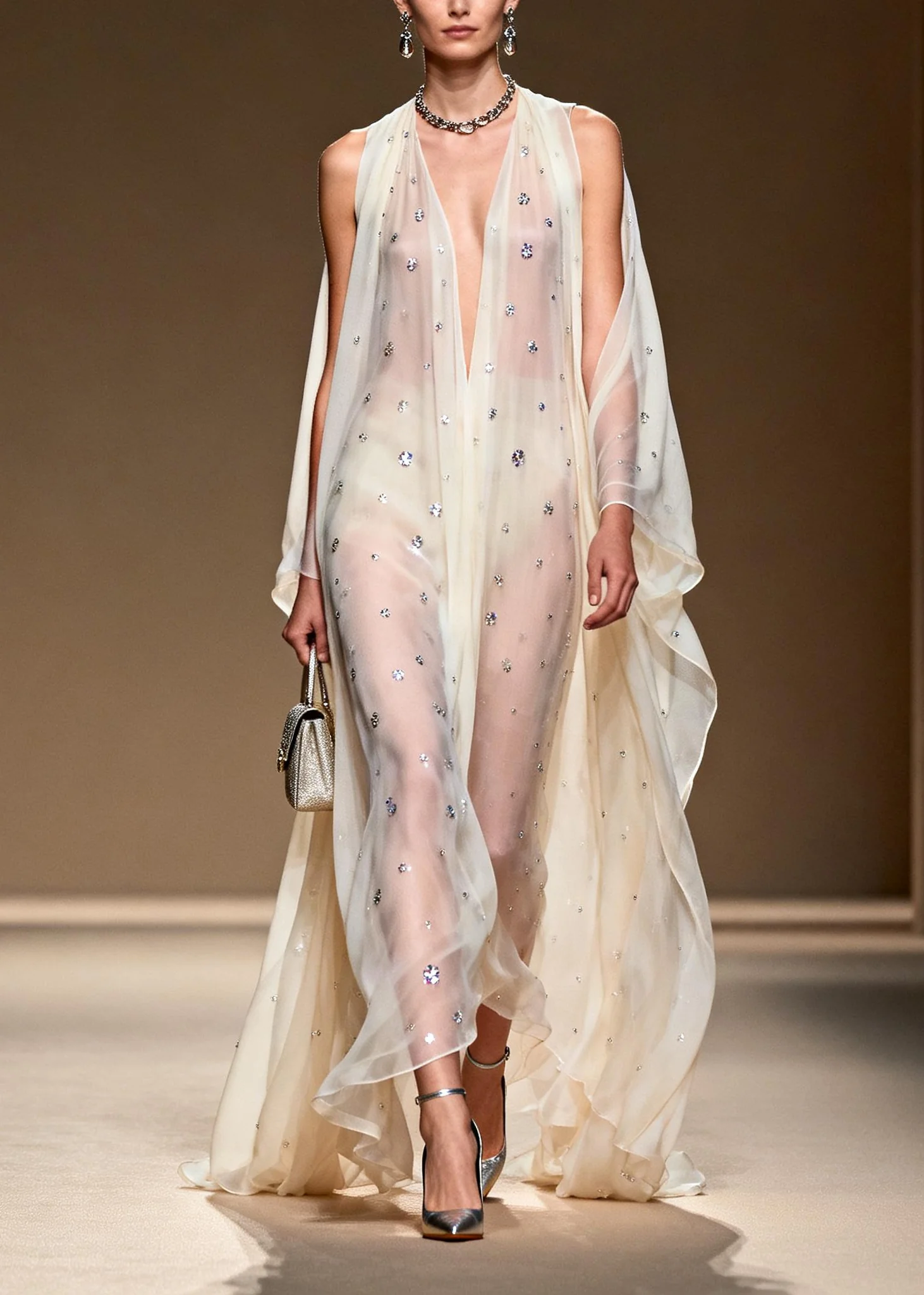 Bohemian White Rhinestone Cold Shoulder Chiffon Sheer Dress Summer