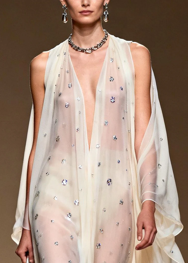 Bohemian White Rhinestone Cold Shoulder Chiffon Sheer Dress Summer - Image 2