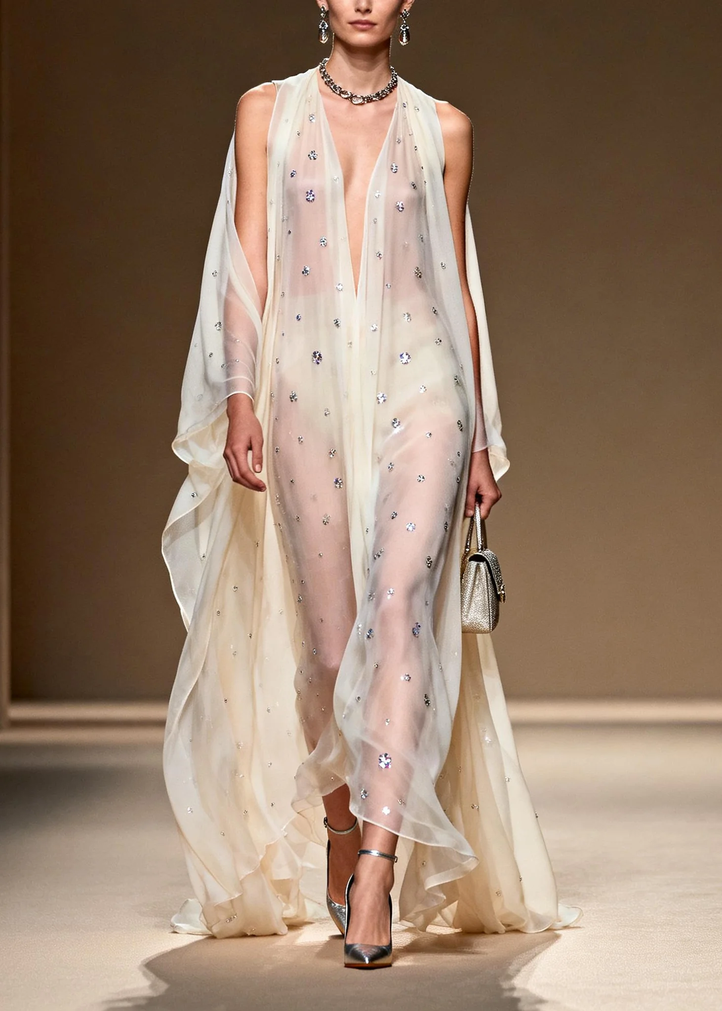 Bohemian White Rhinestone Cold Shoulder Chiffon Sheer Dress Summer - Image 3