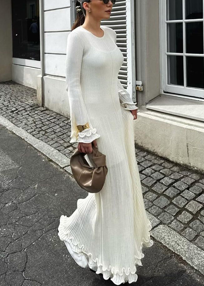 Bohemian White Ruffled Lace Up Cotton Robe Dresses Flare Sleeve - Image 3