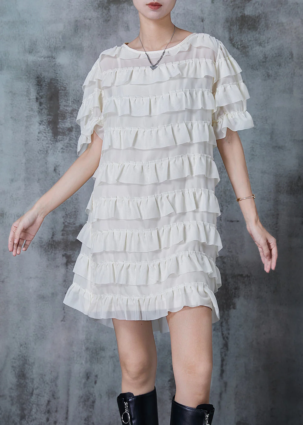 Bohemian White Ruffles Layered Chiffon Mini Dresses Summer - Image 2