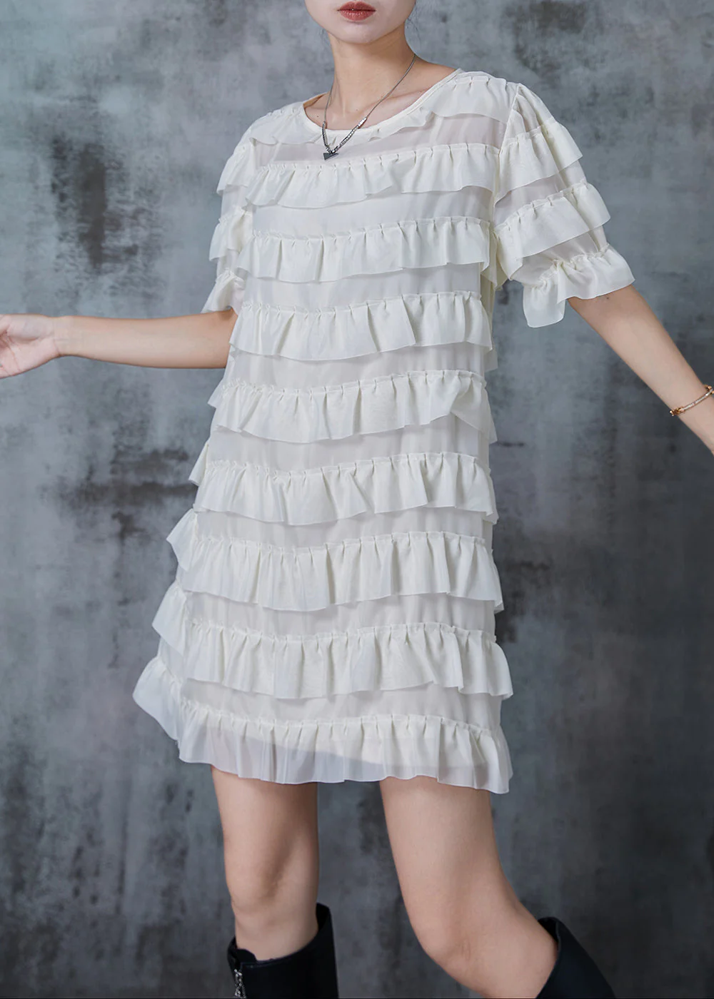 Bohemian White Ruffles Layered Chiffon Mini Dresses Summer - Image 3