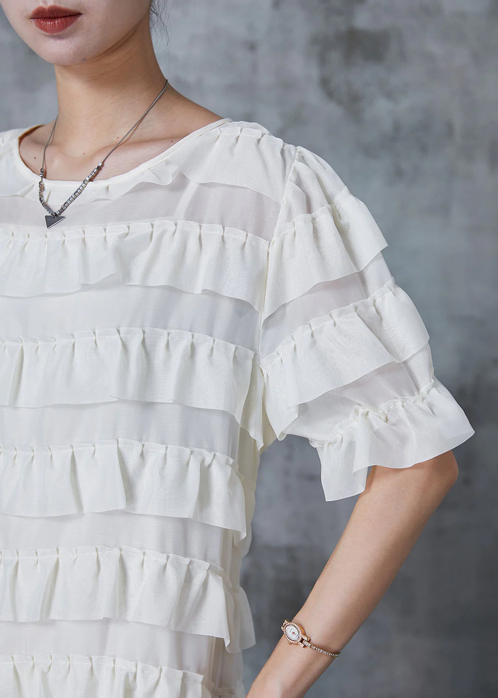 Bohemian White Ruffles Layered Chiffon Mini Dresses Summer - Image 5