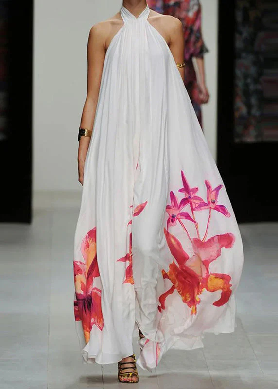 Bohemian White Summer Sundress Sexy Halter Floral Print Long Dresses - Image 3