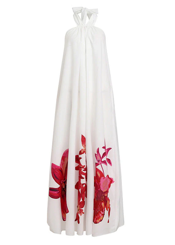 Bohemian White Summer Sundress Sexy Halter Floral Print Long Dresses - Image 5