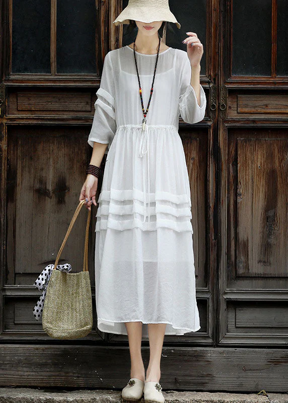 Bohemian White Tie Waist Patchwork Cotton Dress Two Pieces Set Summer - Image 2