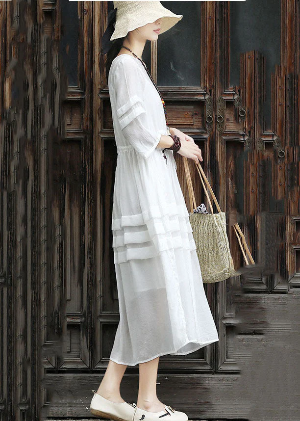 Bohemian White Tie Waist Patchwork Cotton Dress Two Pieces Set Summer - Image 3