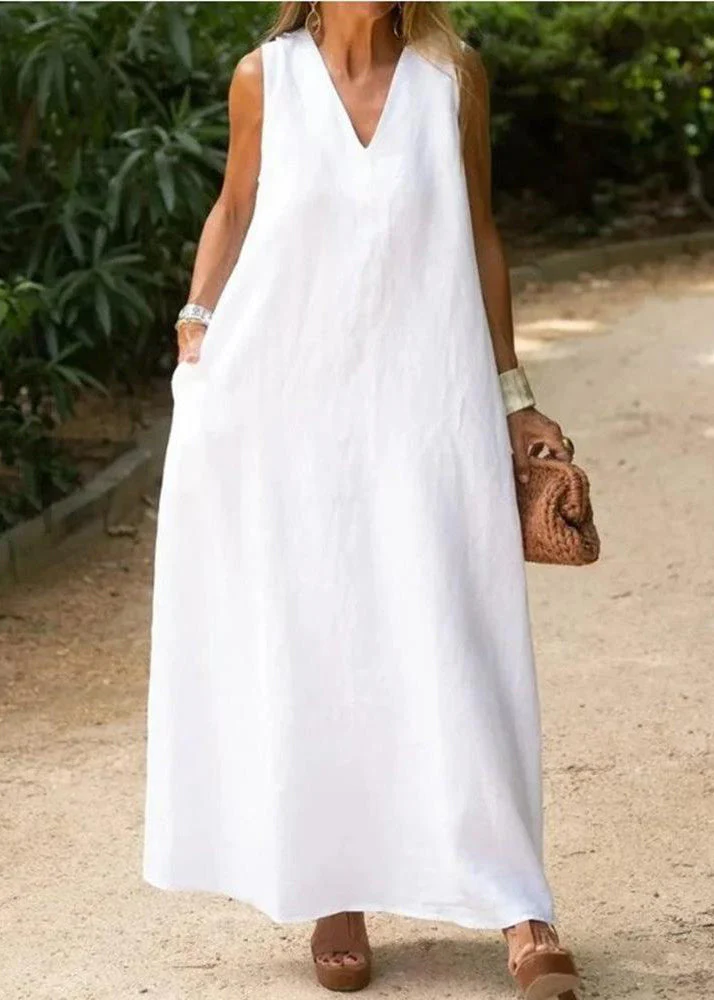 Bohemian White V Neck Cotton A Line Dress Sleeveless - Image 2