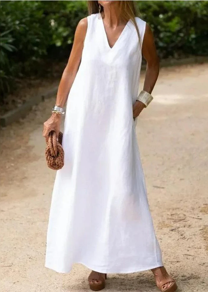 Bohemian White V Neck Cotton A Line Dress Sleeveless - Image 3