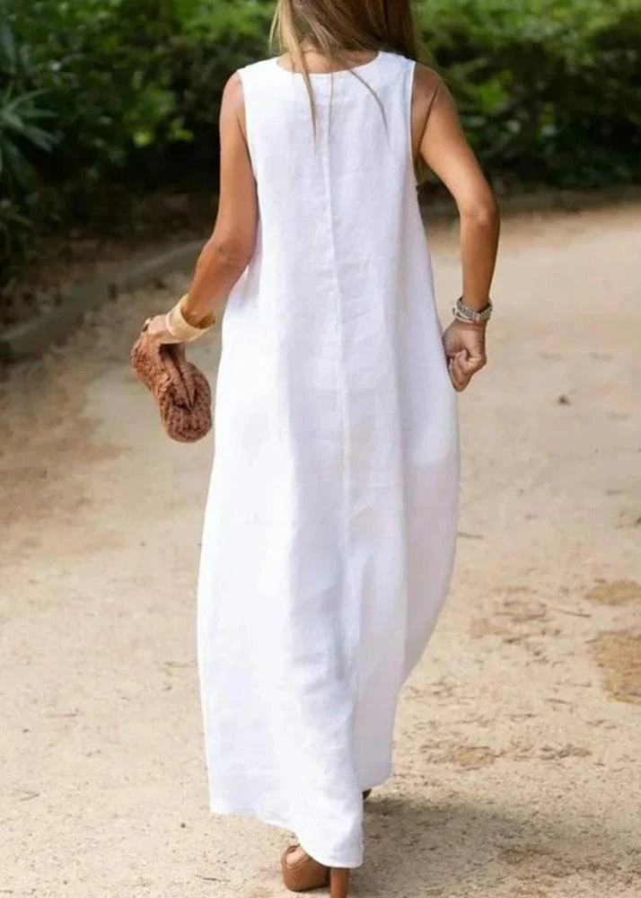 Bohemian White V Neck Cotton A Line Dress Sleeveless - Image 4