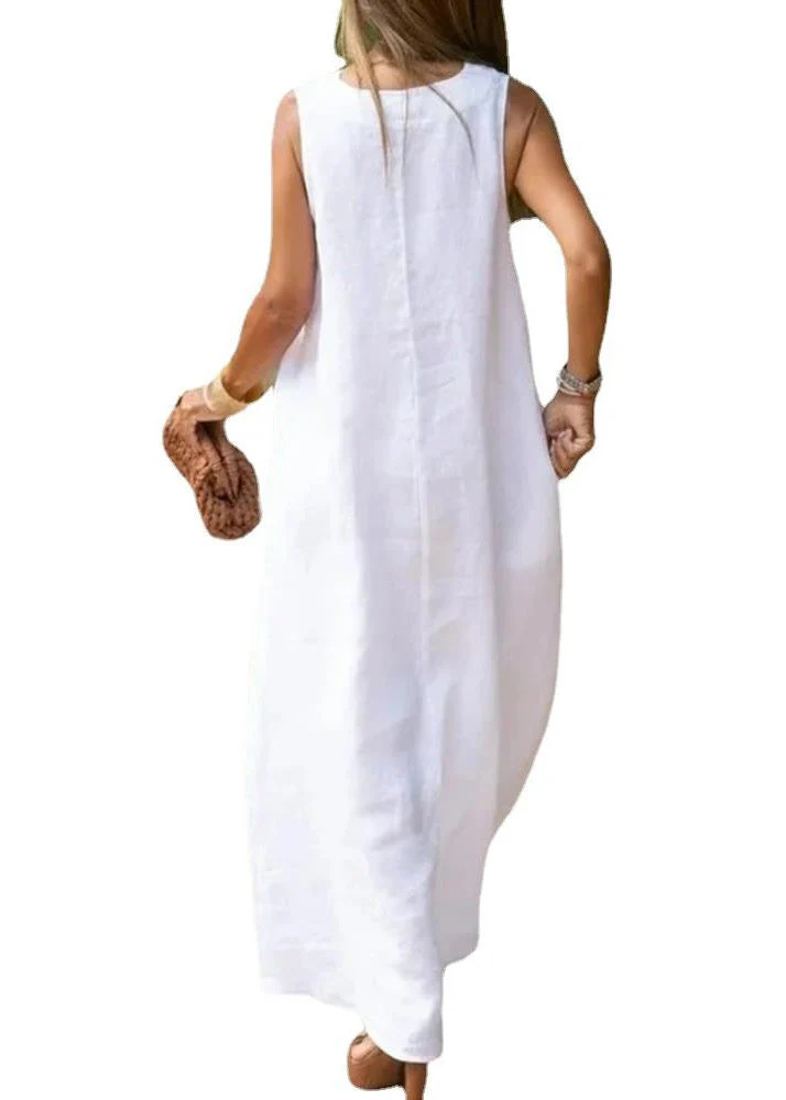 Bohemian White V Neck Cotton A Line Dress Sleeveless - Image 5