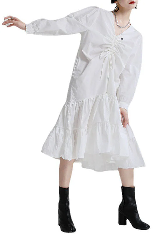 Bohemian White V Neck Drawstring Exra Large Hem Cotton Maxi Dress Fall - Image 5