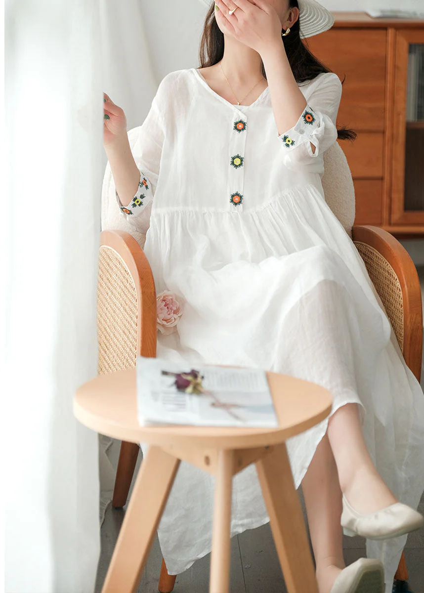 Bohemian White V Neck Embroideried Linen Dress Two Piece Set Women Clothing Summer - Image 2