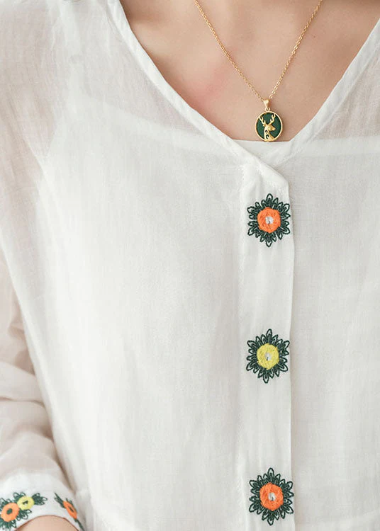 Bohemian White V Neck Embroideried Linen Dress Two Piece Set Women Clothing Summer - Image 3