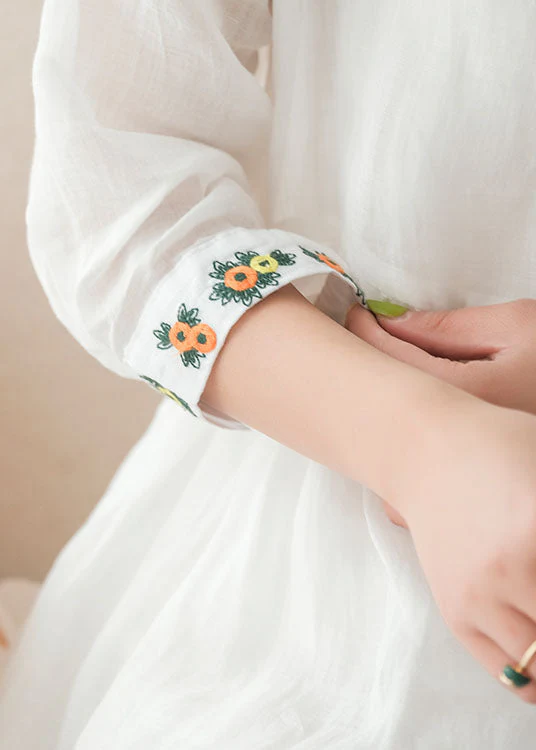 Bohemian White V Neck Embroideried Linen Dress Two Piece Set Women Clothing Summer - Image 4