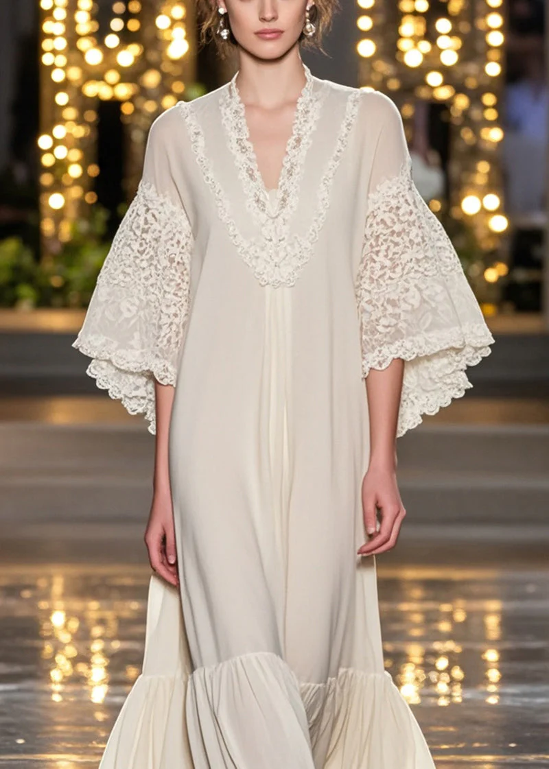 Bohemian White V Neck Patchwork Lace Ankle Dress Flare Sleeve - Image 3