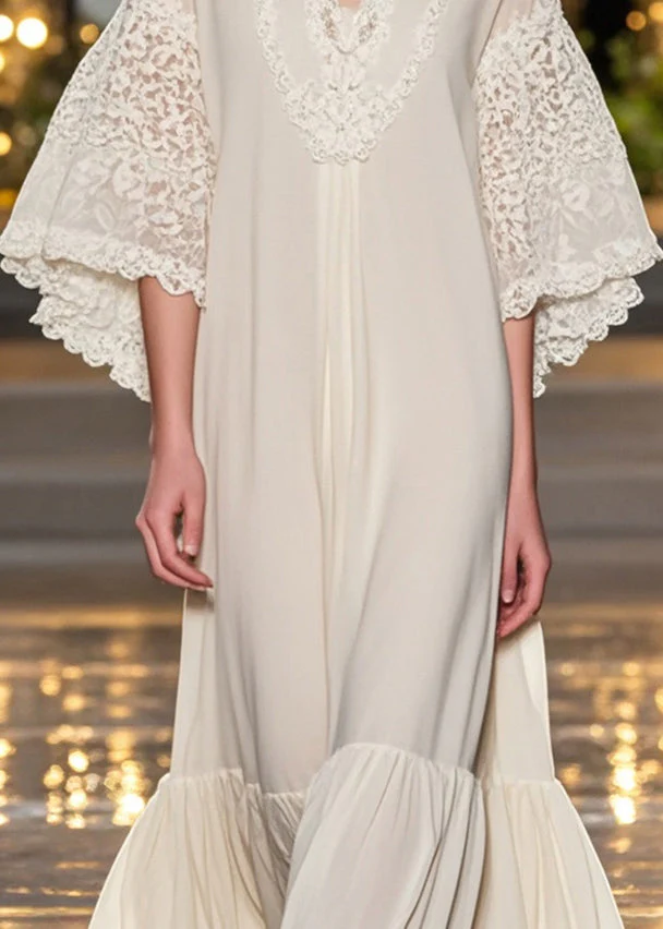 Bohemian White V Neck Patchwork Lace Ankle Dress Flare Sleeve - Image 4