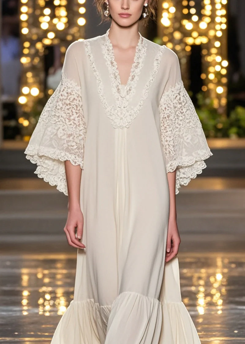 Bohemian White V Neck Patchwork Lace Ankle Dress Flare Sleeve - Image 5