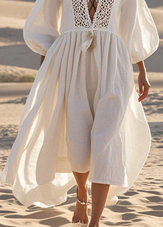 Bohemian White V Neck Patchwork Lace Long Dresses Lantern Sleeve - Image 4