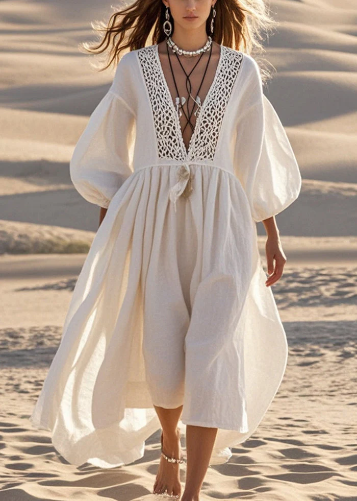 Bohemian White V Neck Patchwork Lace Long Dresses Lantern Sleeve - Image 5