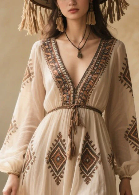 Bohemian White V Neck Print Chiffon Dresses Fall - Image 2