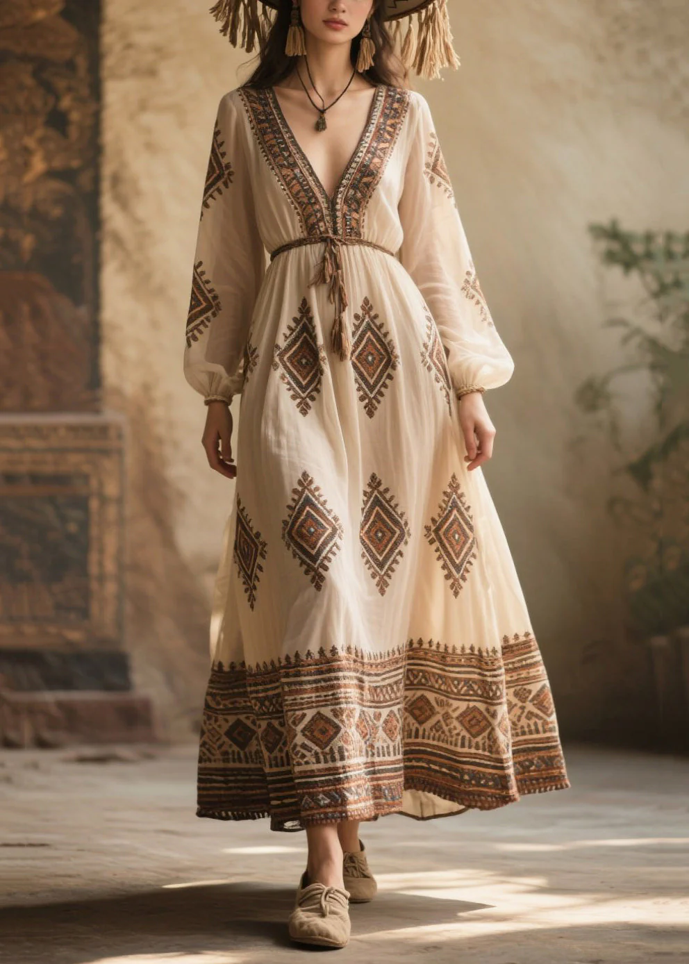 Bohemian White V Neck Print Chiffon Dresses Fall - Image 3