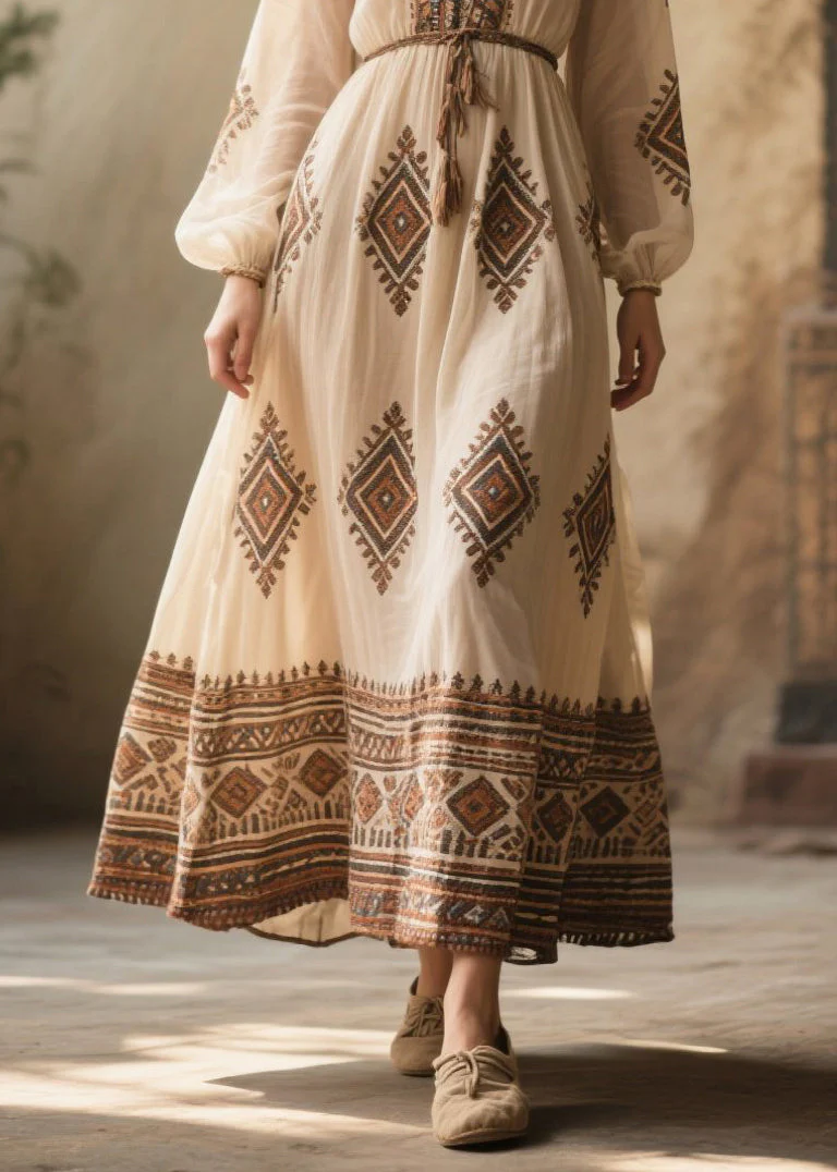Bohemian White V Neck Print Chiffon Dresses Fall - Image 4