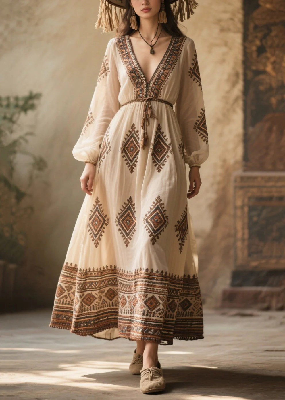 Bohemian White V Neck Print Chiffon Dresses Fall - Image 5