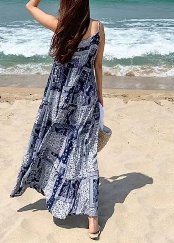 Bohemian Women Sleeveless O-Neck Printed Maxi Tank Dress Floral Blue - Image 2