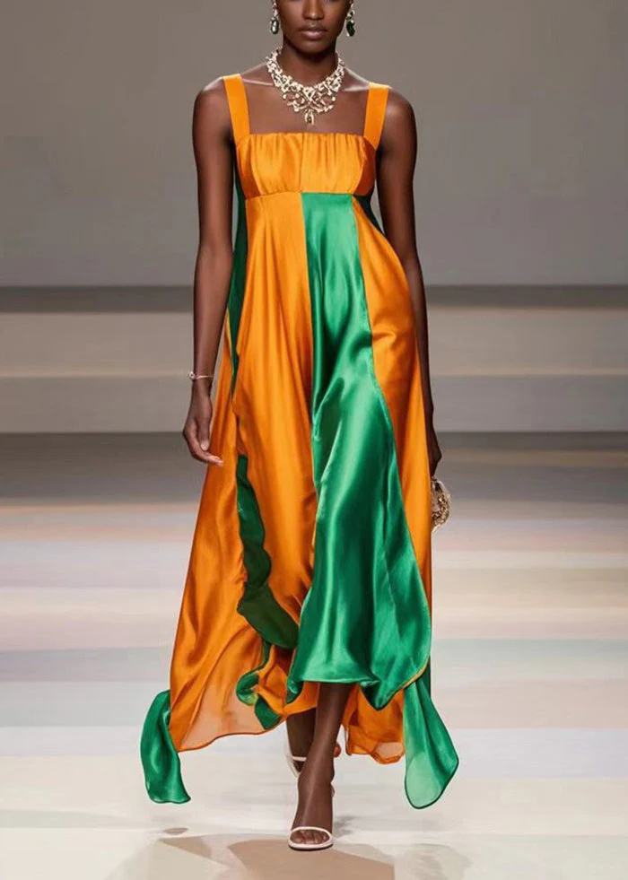 Bohemian Yellow Asymmetrical Patchwork Silk Cami Dresses Summer - Image 3