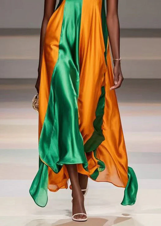 Bohemian Yellow Asymmetrical Patchwork Silk Cami Dresses Summer - Image 4