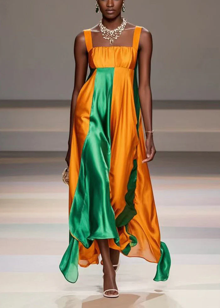Bohemian Yellow Asymmetrical Patchwork Silk Cami Dresses Summer - Image 5