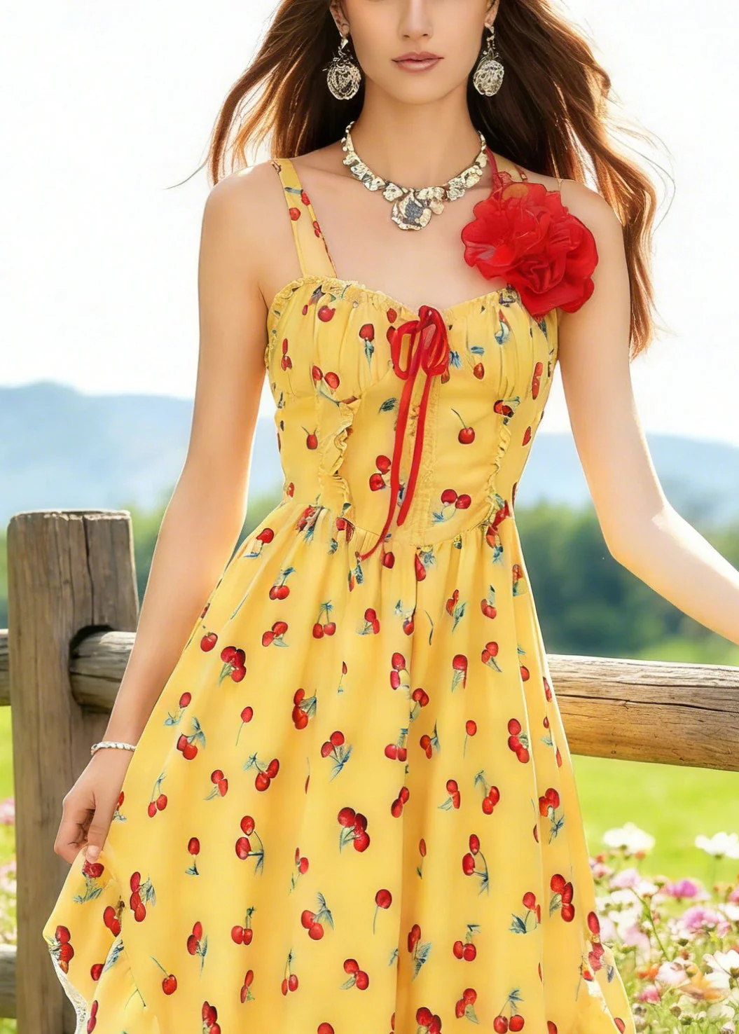 Bohemian Yellow Backless Print Spaghetti Strap Dress And White Lace Skirt Cotton Two Piece Set Sleeveless - Image 3