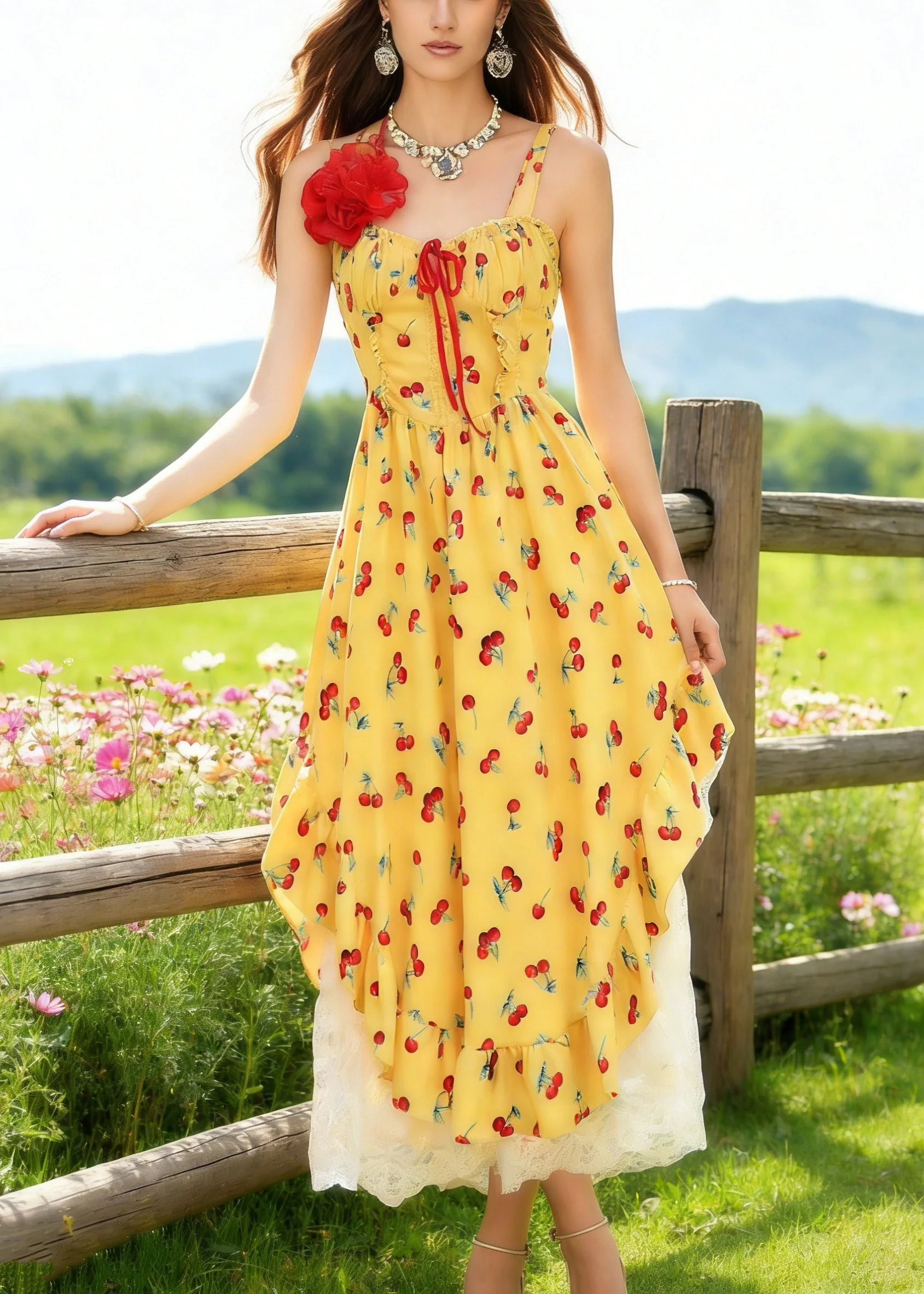 Bohemian Yellow Backless Print Spaghetti Strap Dress And White Lace Skirt Cotton Two Piece Set Sleeveless - Image 4