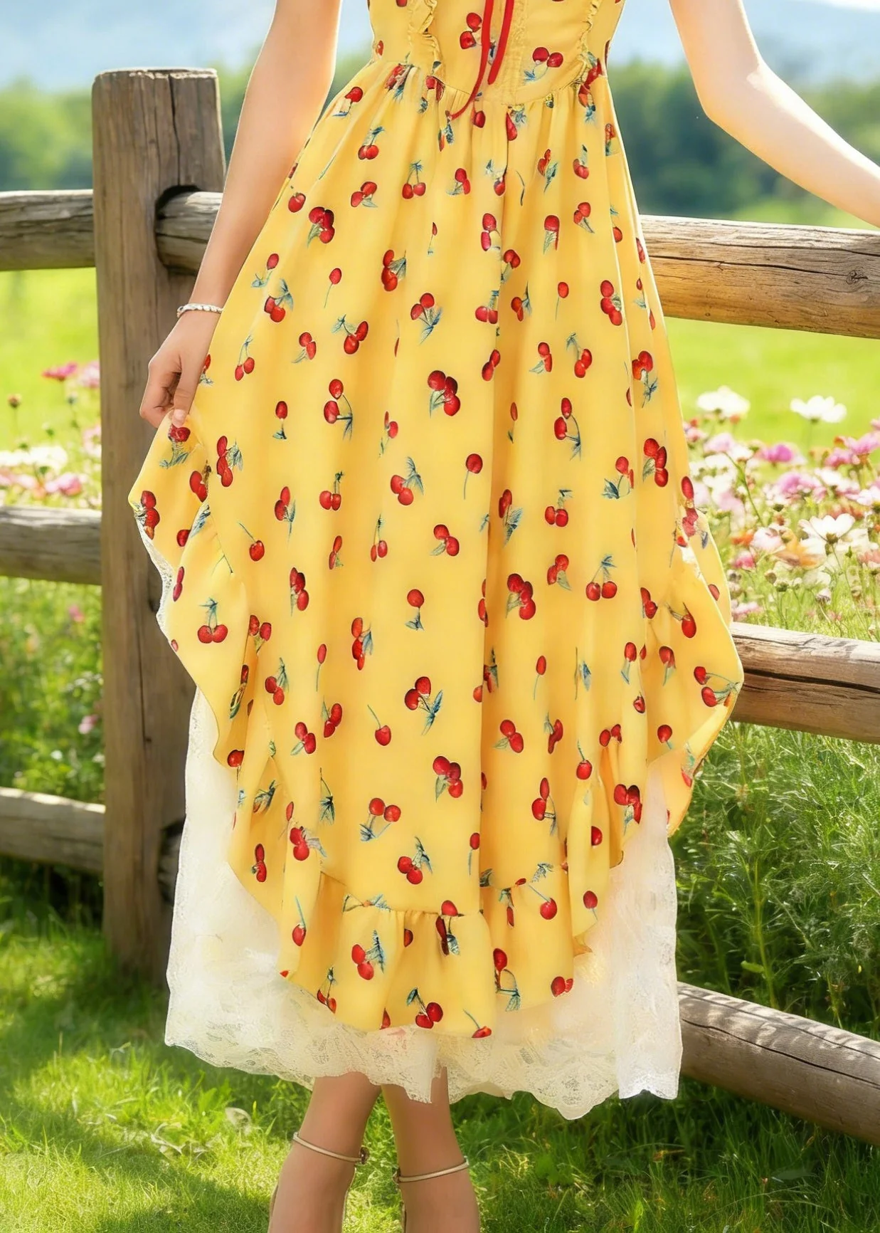 Bohemian Yellow Backless Print Spaghetti Strap Dress And White Lace Skirt Cotton Two Piece Set Sleeveless - Image 5