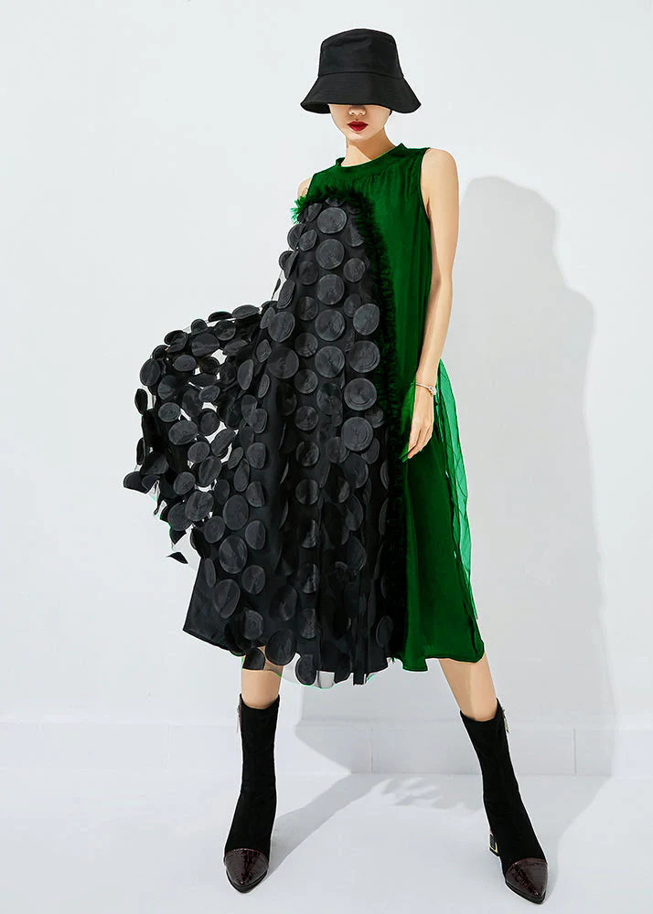 Bohemian Yellow-Black Dot Asymmetrical Patchwork Wrinkled Tulle Maxi Dress Sleeveless - Image 11