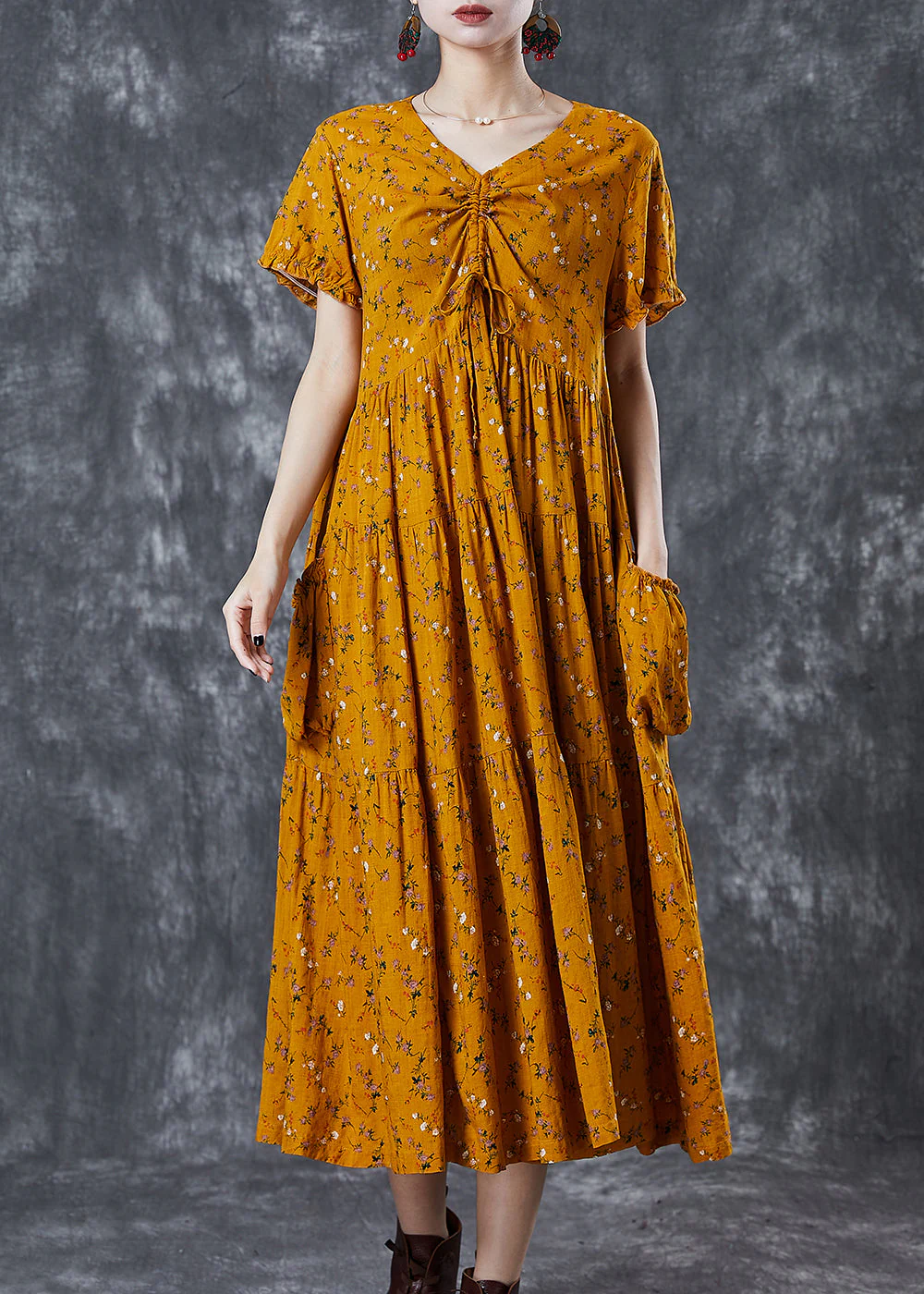 Bohemian Yellow Cinched Print Cotton Dress Summer - Image 2
