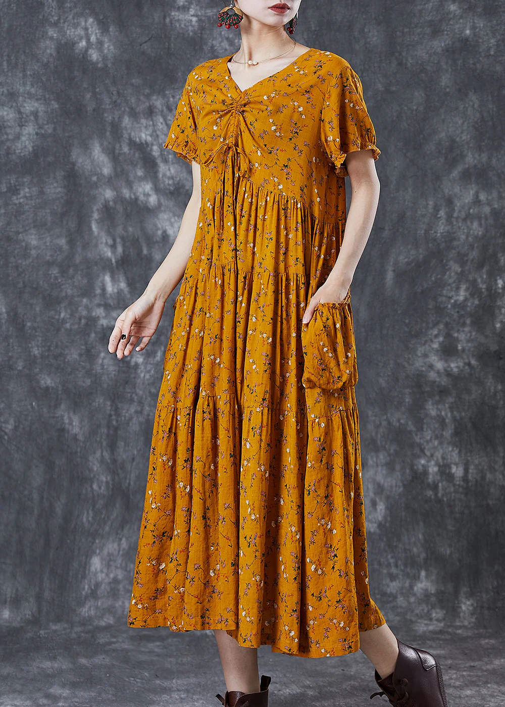 Bohemian Yellow Cinched Print Cotton Dress Summer - Image 3