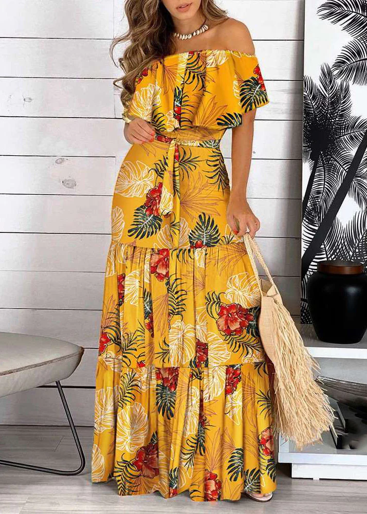 Bohemian Yellow Cold Shoulder Print Wrinkled Maxi Dress Short Sleeve