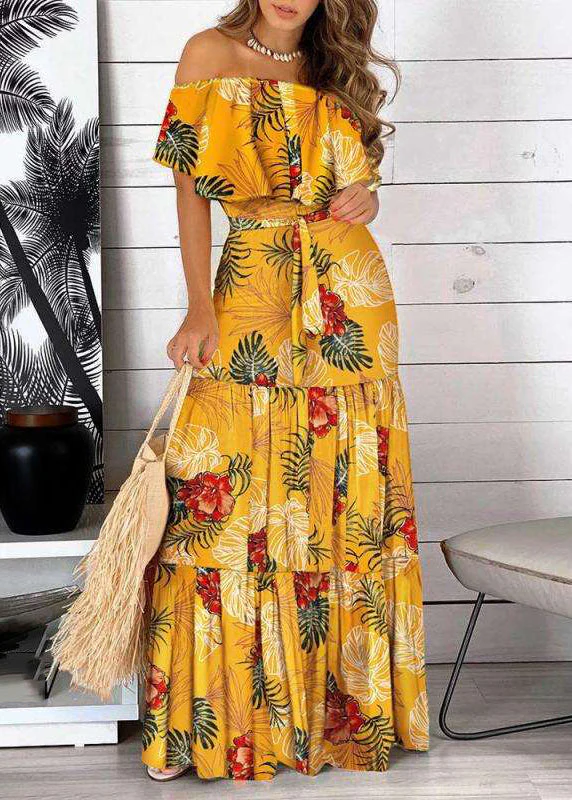 Bohemian Yellow Cold Shoulder Print Wrinkled Maxi Dress Short Sleeve - Image 3
