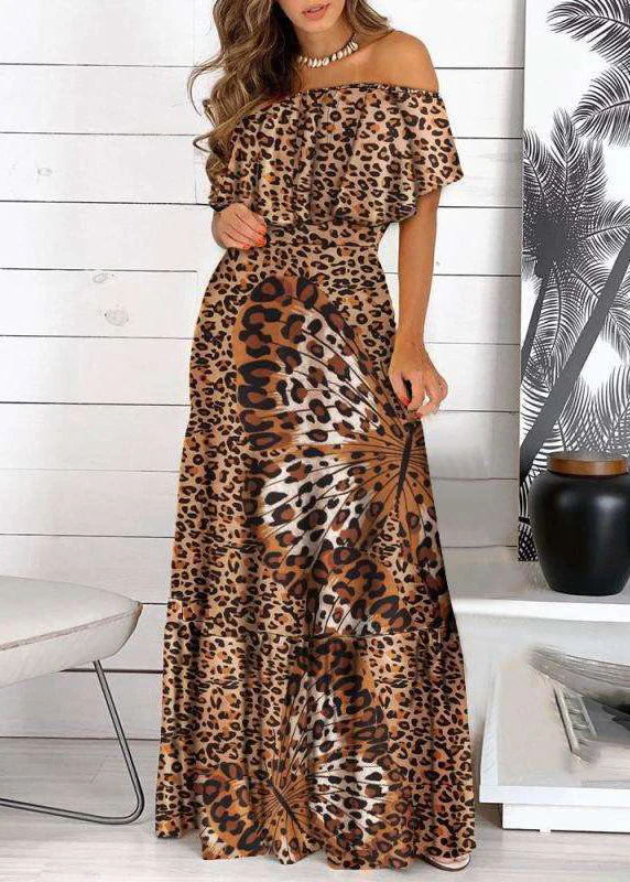 Bohemian Yellow Cold Shoulder Print Wrinkled Maxi Dress Short Sleeve - Image 4